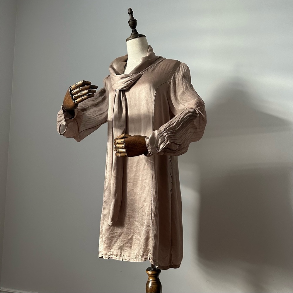 100% Silk Long Blouse Taupe Sheer Sleeves Tie Neck Top
